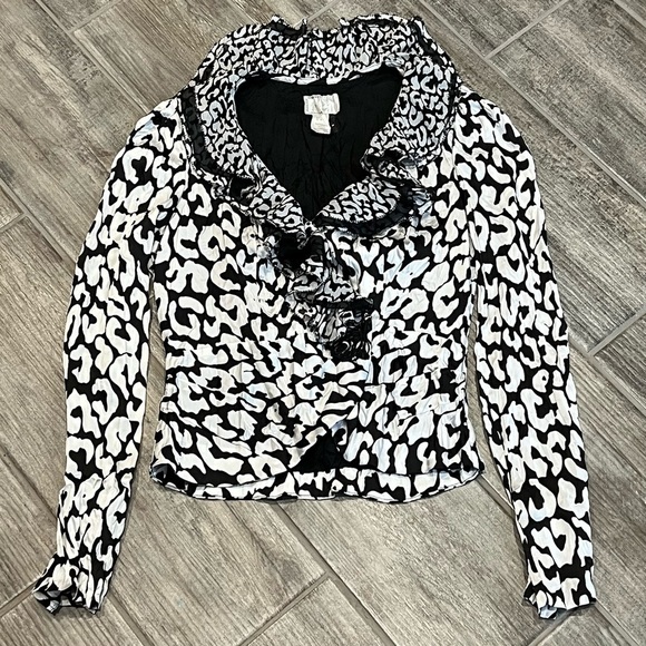 Alberto Malaki Ruffled Blouse Animal Print Long Sleeve Top Black White Career SM - Picture 4 of 9